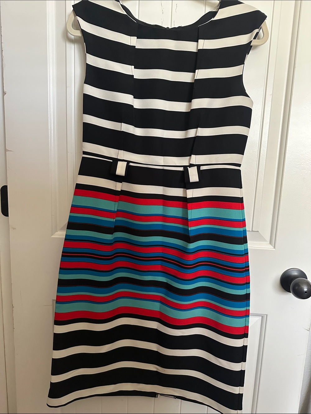 Emma & Michele Black, White, Red & Teal Striped Sheath Dress